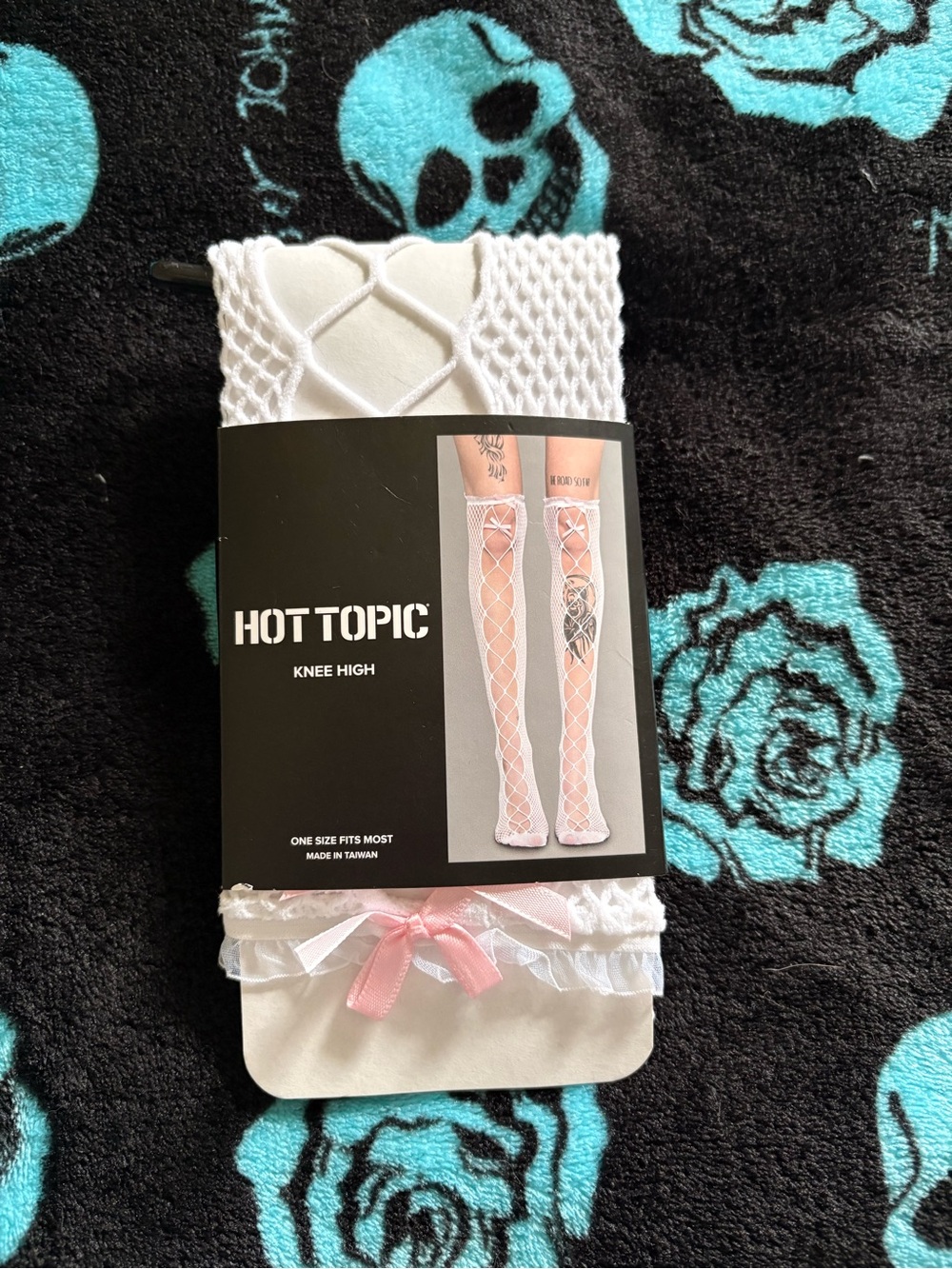 Hot Topic White Fishnet Knee Highs with Pink Ribbon Bow and Ruffle